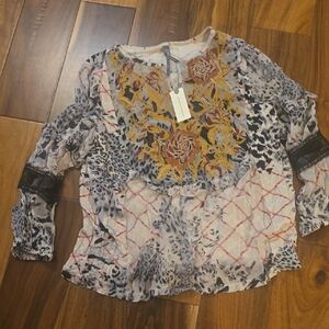 Anthropologie White Sheer Mixed-Print Peasant Blouse with Mustard Embroidery